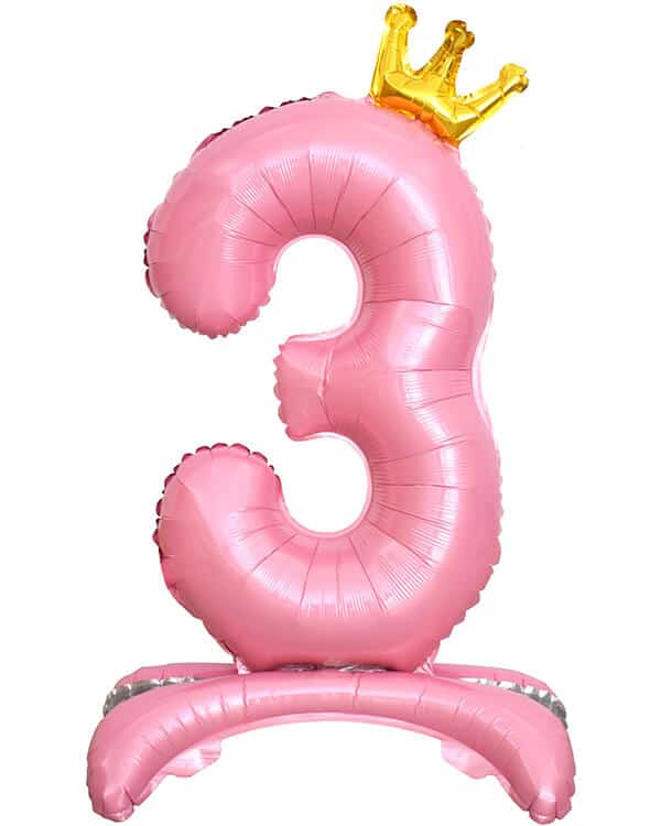 131253_Шар_(32_81_см)_Цифра_3_Золотая_корона_на_подставке_Розовый_1_шт_в_упак