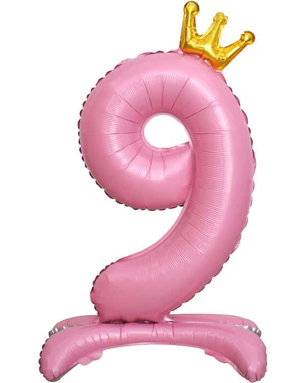 131259_Шар_(32_81_см)_Цифра_9_Золотая_корона_на_подставке_Розовый_1_шт_в_упак